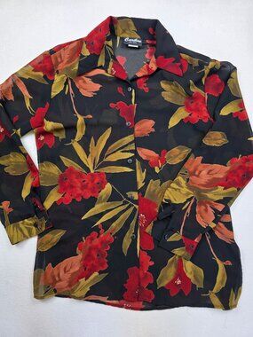 Vintage Caribou New York Black Floral Button-Up Blouse Size S 100% Polyester